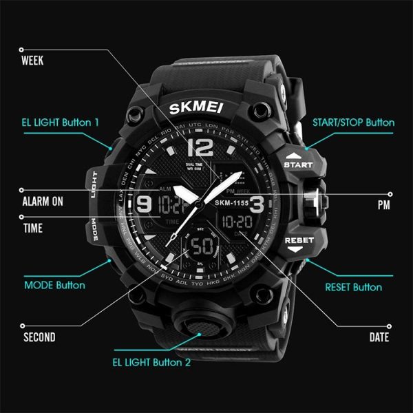 SKMEI 1155B Multifunctional Men Outdoor Sports Noctilucent Waterproof Large Dial Wrist Watch (Denim Black) - Image 6