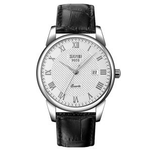 SKMEI 9058 Multifunctional Outdoor Fashion Waterproof Silver Shell Quartz Wrist Watch (Men Style Silver Face Black Strap)
