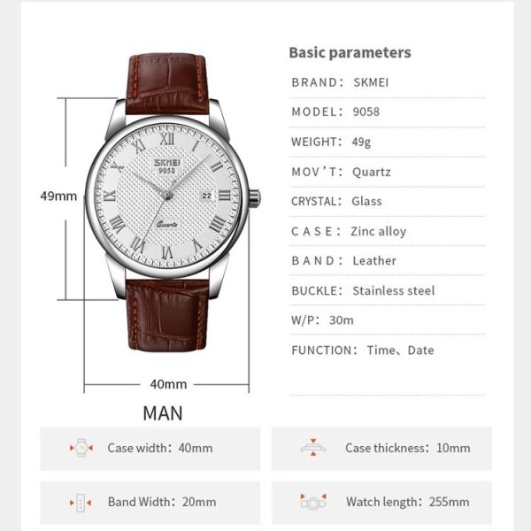 SKMEI 9058 Multifunctional Outdoor Fashion Waterproof Silver Shell Quartz Wrist Watch (Men Style Silver Face Black Strap) - Image 2
