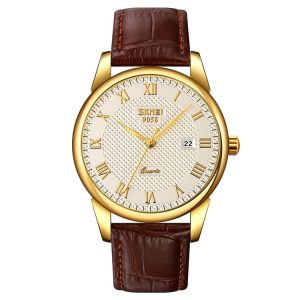 SKMEI 9058 Multifunctional Outdoor Fashion Waterproof Gold Shell Quartz Wrist Watch (Men Style Silver Face Brown Strap)