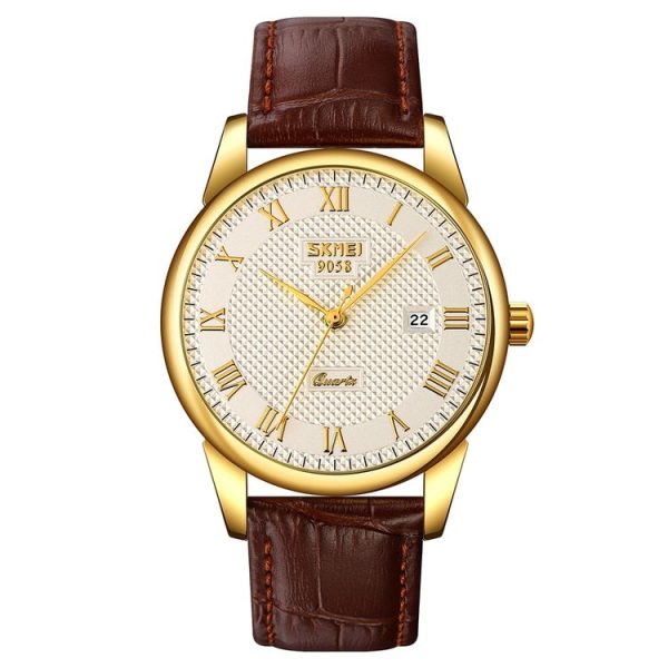 SKMEI 9058 Multifunctional Outdoor Fashion Waterproof Gold Shell Quartz Wrist Watch (Men Style Silver Face Brown Strap)