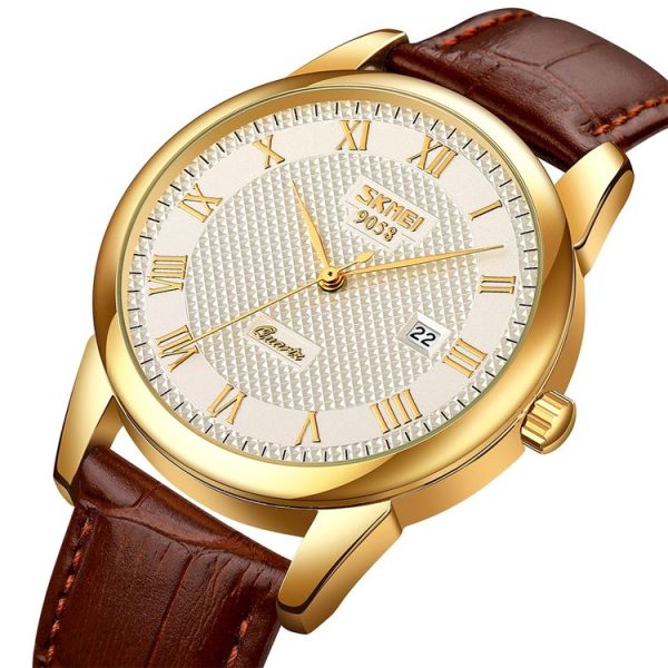SKMEI 9058 Multifunctional Outdoor Fashion Waterproof Gold Shell Quartz Wrist Watch (Men Style Silver Face Brown Strap) - Image 2
