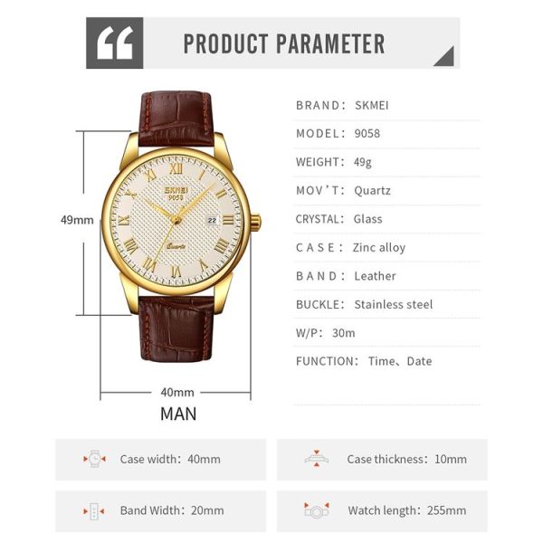 SKMEI 9058 Multifunctional Outdoor Fashion Waterproof Gold Shell Quartz Wrist Watch (Men Style Silver Face Brown Strap) - Image 3
