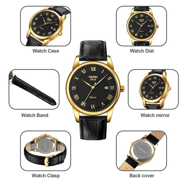 SKMEI 9058 Multifunctional Outdoor Fashion Waterproof Gold Shell Quartz Wrist Watch (Men Style Silver Face Brown Strap) - Image 4