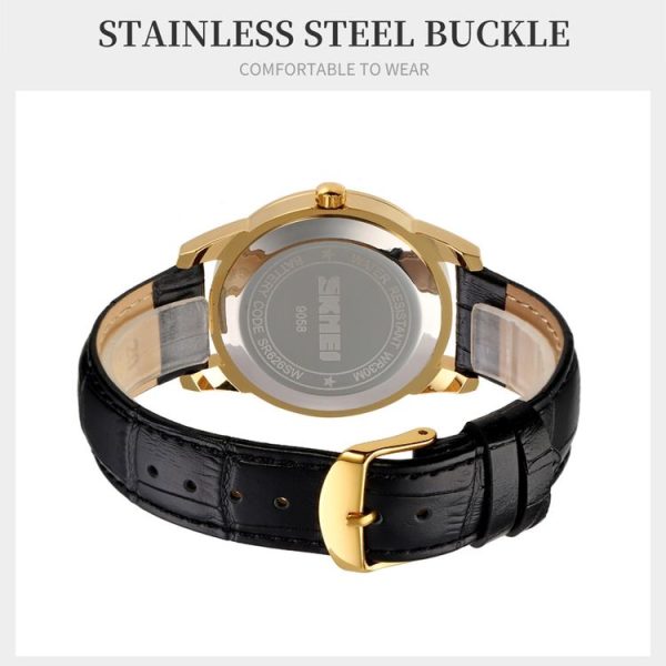 SKMEI 9058 Multifunctional Outdoor Fashion Waterproof Gold Shell Quartz Wrist Watch (Men Style Silver Face Brown Strap) - Image 5