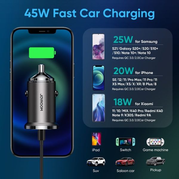 JOYROOM C-A35 45W Mini Dual-port PD + QC 3.0 Ring-pull Fast Car Charger (Black) - Image 2