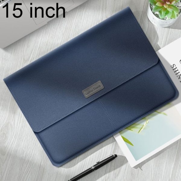 Litchi Pattern PU Leather Waterproof Ultra-thin Protection Liner Bag Briefcase Laptop Carrying Bag for 15 inch Laptops (Navy Blue)