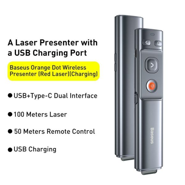 Baseus ACFYB-E0G RF2.4GHz Orange Dot PPT Red Laser Wireless Presenter Turning Pen, Charging Version, Laser Distance: 100m (Grey) - Image 2