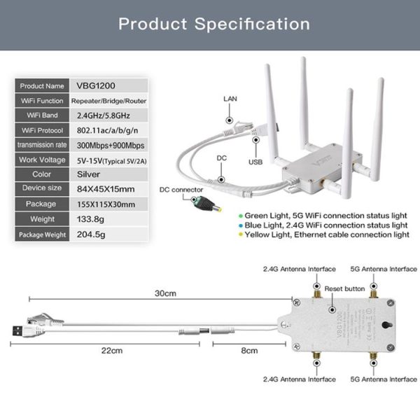 VONETS VBG1200 300Mbps+900Mbps Dual Band Wireless Router Repeater WIFI Base Station with 4 Antennas - Image 8