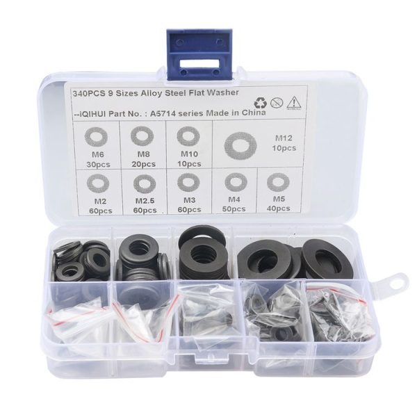 A5714 340 PCS 9 Sizes Black Carbon Steel Flat Washers Set - Image 2
