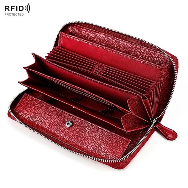 RFID Lychee Texture Fashion Organ Clutch Ladies Zipper Long Change Bag (Red Wine)