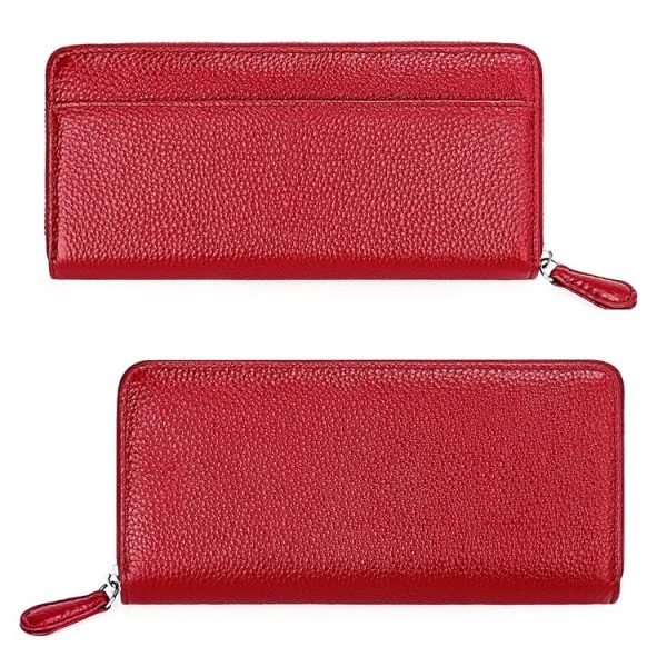 RFID Lychee Texture Fashion Organ Clutch Ladies Zipper Long Change Bag (Red Wine) - Image 2