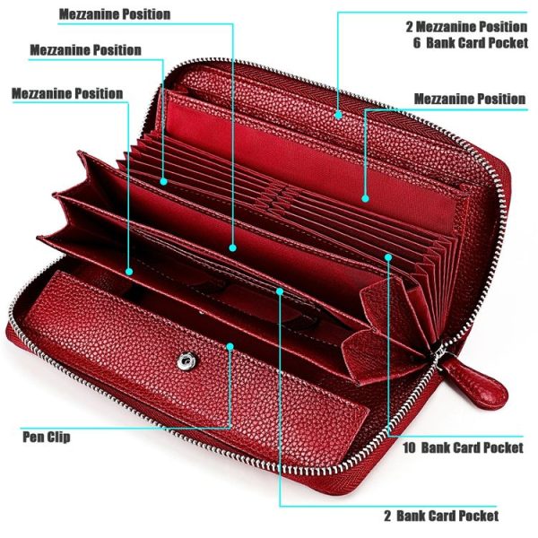 RFID Lychee Texture Fashion Organ Clutch Ladies Zipper Long Change Bag (Red Wine) - Image 5