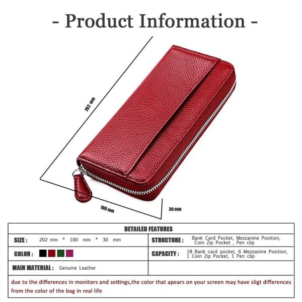 RFID Lychee Texture Fashion Organ Clutch Ladies Zipper Long Change Bag (Red Wine) - Image 7