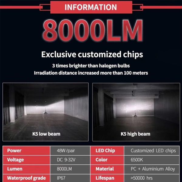 K5 H11 / H8 / H9 1 Pair 12V / 24W / 6000K / 8000LM IP67 Waterproof Car LED Headlight - Image 6