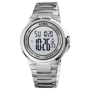 SKMEI 1712 Dual Time LED Digital Display Luminous Stainless Steel Strap Electronic Watch (Silver and White)