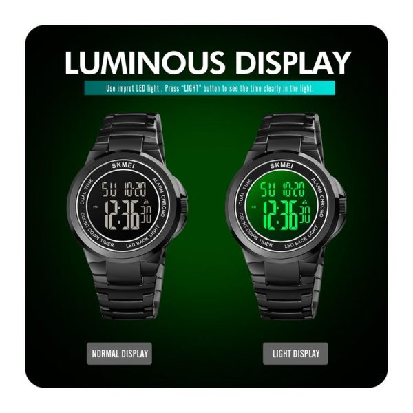SKMEI 1712 Dual Time LED Digital Display Luminous Stainless Steel Strap Electronic Watch (Silver and White) - Image 6
