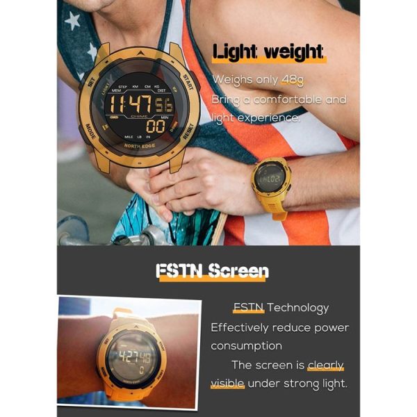 NORTH EDGE Mars Men Luminous Digital Waterproof Smart Sports Watch, Support Alarm Clock & Countdown & Sports Mode (Yellow) - Image 3