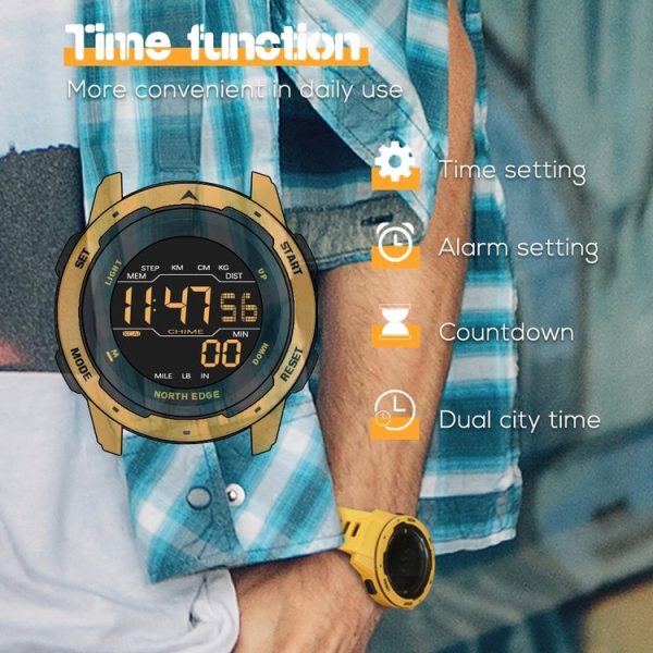 NORTH EDGE Mars Men Luminous Digital Waterproof Smart Sports Watch, Support Alarm Clock & Countdown & Sports Mode (Yellow) - Image 5