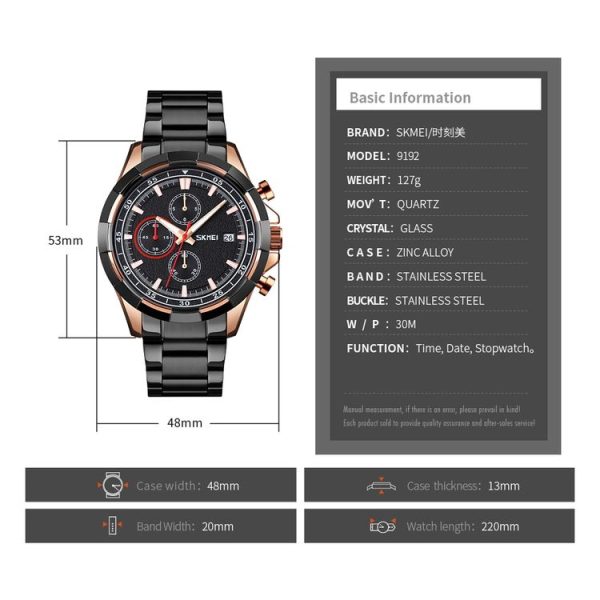 SKMEI 9192 Men Calendar Timing Stainless Steel Belt Luminous Quartz Watch (Blue) - Image 8