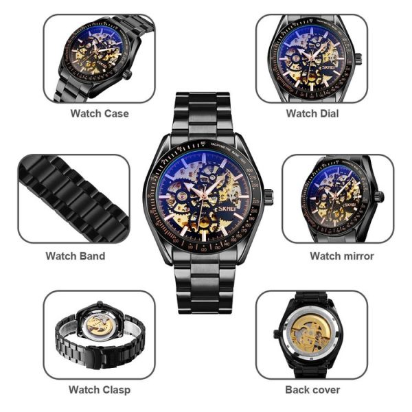SKMEI 9194 Men Mechanical Gear Dial Automatic Mechanical Watch (Gold Black) - Image 4