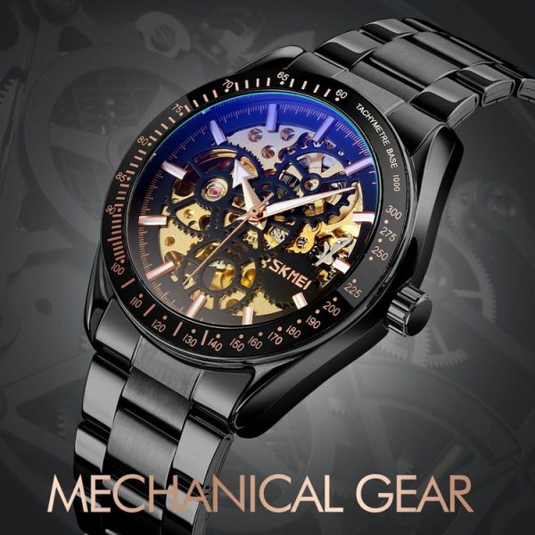 SKMEI 9194 Men Mechanical Gear Dial Automatic Mechanical Watch (Gold Black) - Image 5