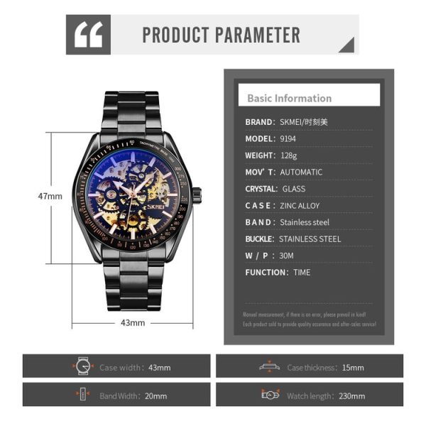 SKMEI 9194 Men Mechanical Gear Dial Automatic Mechanical Watch (Gold Black) - Image 8