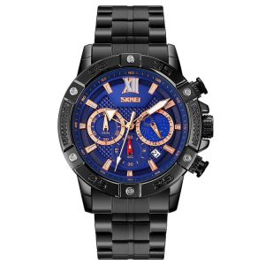 SKMEI 9235 Men Moonphase Stopwatch Stainless Steel Strap Quartz Watch (Black Blue)