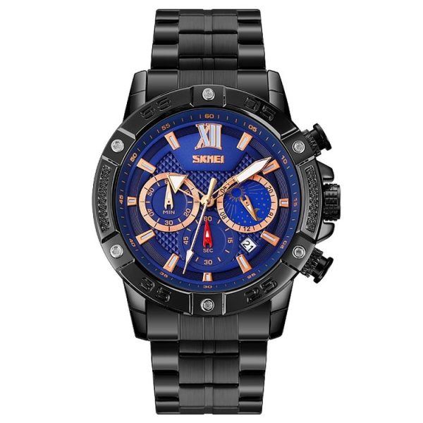SKMEI 9235 Men Moonphase Stopwatch Stainless Steel Strap Quartz Watch (Black Blue)