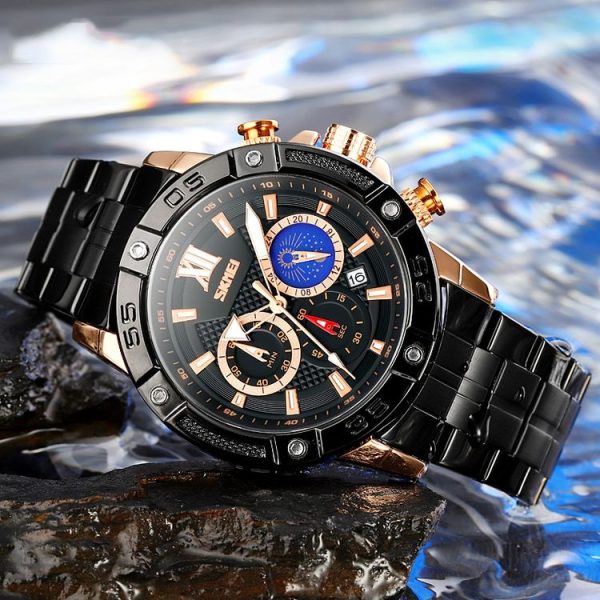 SKMEI 9235 Men Moonphase Stopwatch Stainless Steel Strap Quartz Watch (Black Blue) - Image 3