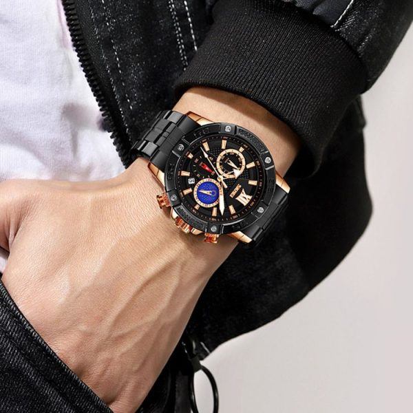 SKMEI 9235 Men Moonphase Stopwatch Stainless Steel Strap Quartz Watch (Black Blue) - Image 4