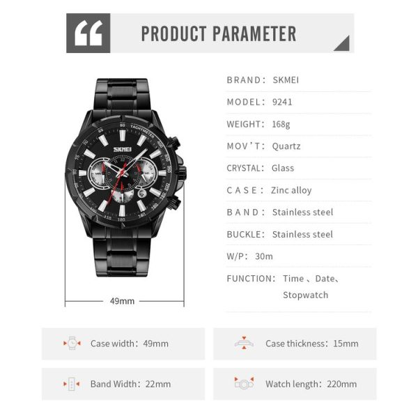 SKMEI 9241 Men Calendar Stopwatch Stainless Steel Strap Quartz Watch (Silver) - Image 6