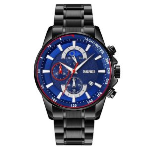 SKMEI 9250 Men Moonphase Stopwatch Date Six Pin Stainless Steel Strap Quartz Watch (Black Blue)