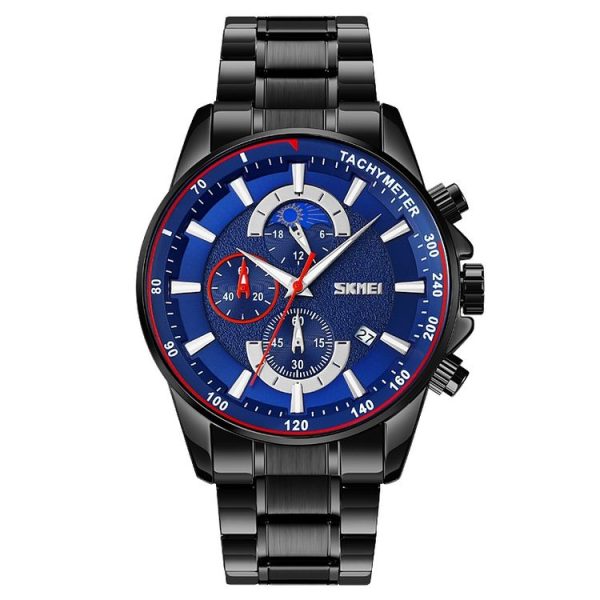 SKMEI 9250 Men Moonphase Stopwatch Date Six Pin Stainless Steel Strap Quartz Watch (Black Blue)