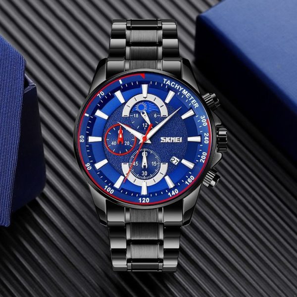 SKMEI 9250 Men Moonphase Stopwatch Date Six Pin Stainless Steel Strap Quartz Watch (Black Blue) - Image 2