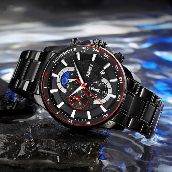 SKMEI 9250 Men Moonphase Stopwatch Date Six Pin Stainless Steel Strap Quartz Watch (Black Blue) - Image 3