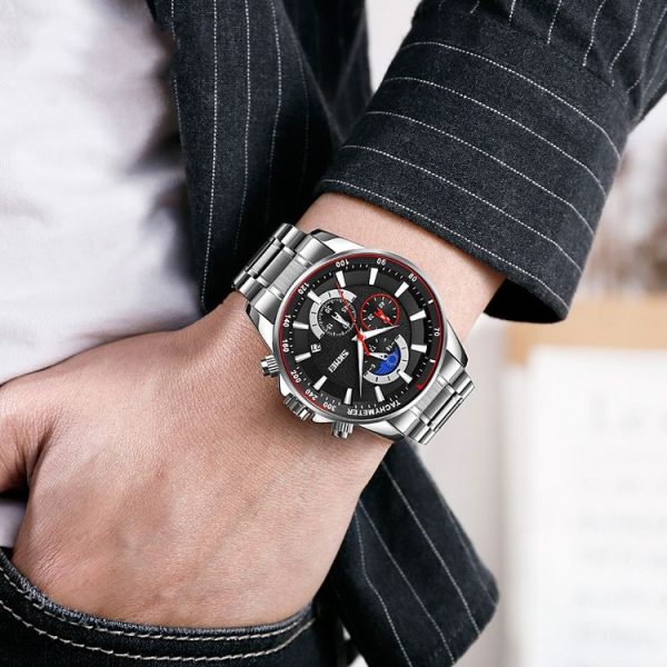 SKMEI 9250 Men Moonphase Stopwatch Date Six Pin Stainless Steel Strap Quartz Watch (Black Blue) - Image 4