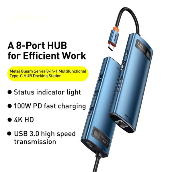 Baseus Metal Gleam Series 8-in-1 Multifunctional Type-C HUB Docking Station (Blue) - Image 3