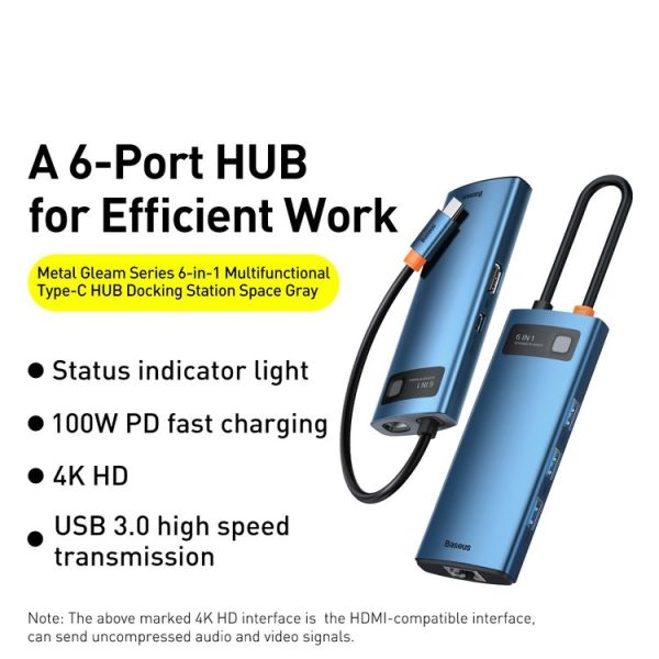 Baseus Metal Gleam Series 6-in-1 Multifunctional Type-C HUB Docking Station (Blue) - Image 3