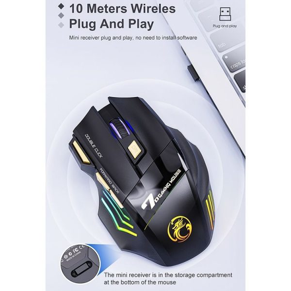 IMICE GW-X7 7-button Silent Rechargeable Wireless Gaming Mouse with Colorful RGB Lights (Black) - Image 8