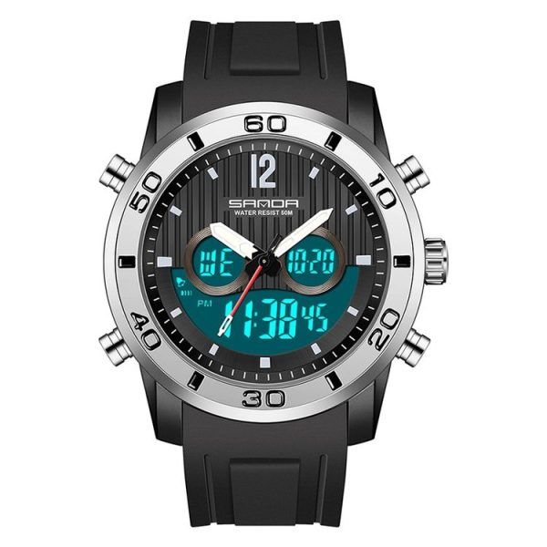 SANDA 3106 Dual Digital Display Men Outdoor Sports Luminous Shockproof Electronic Watch (Black Silver)