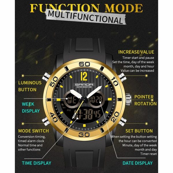 SANDA 3106 Dual Digital Display Men Outdoor Sports Luminous Shockproof Electronic Watch (Black Silver) - Image 3