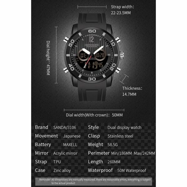 SANDA 3106 Dual Digital Display Men Outdoor Sports Luminous Shockproof Electronic Watch (Black Silver) - Image 8