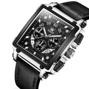 OLEVS 9919 Square Dial Chronograph Luminous Quartz Watch for Men (Black Leather Silver Shell Black Surface)