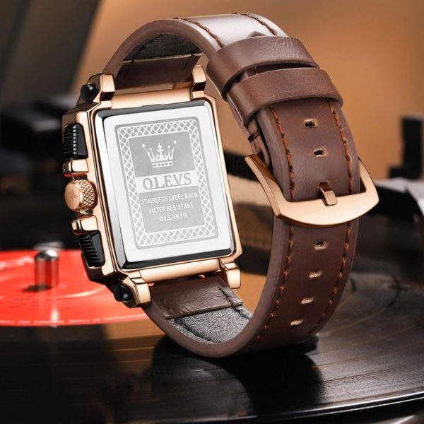 OLEVS 9919 Square Dial Chronograph Luminous Quartz Watch for Men (Black Leather Silver Shell Black Surface) - Image 3