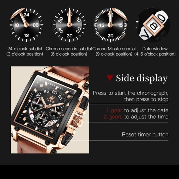OLEVS 9919 Square Dial Chronograph Luminous Quartz Watch for Men (Black Leather Silver Shell Black Surface) - Image 4