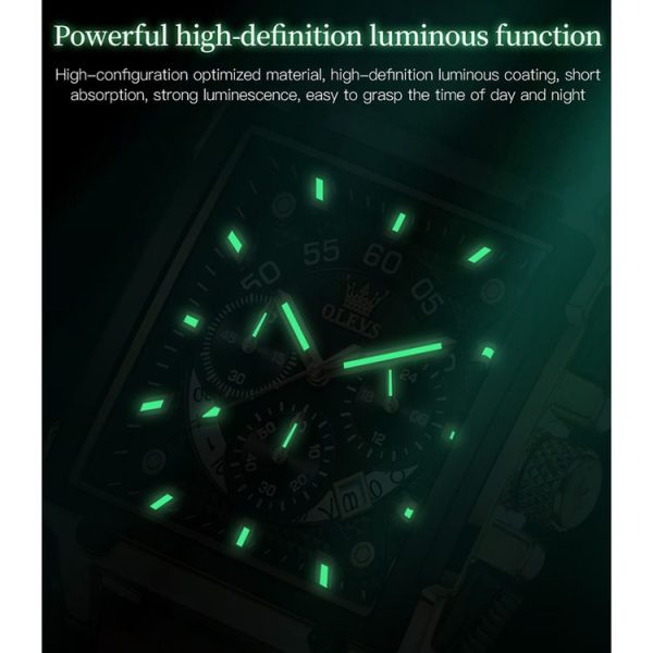 OLEVS 9919 Square Dial Chronograph Luminous Quartz Watch for Men (Black Leather Silver Shell Black Surface) - Image 5