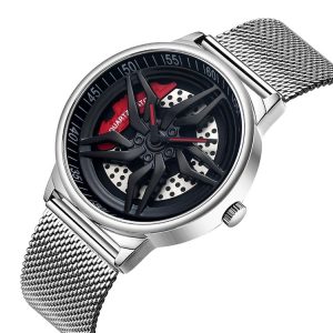 SANDA 1062 360 Degree Hollow Spinning Dial Mesh Strap Quartz Watch for Men (Silver)
