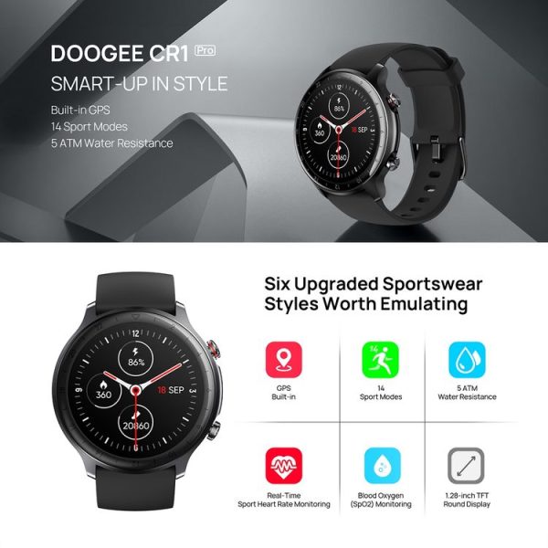 DOOGEE CR1 Pro 1.28 inch TFT Screen Smart Watch, 5ATM Waterproof, Support 14 Sports Modes / Heart Rate & Blood Oxygen Monitoring (Black) - Image 6