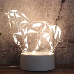 White Base Creative 3D Tricolor LED Decorative Night Light, Button Plug Version, Shape: Geometric Horse (White-Warm-Warm White)